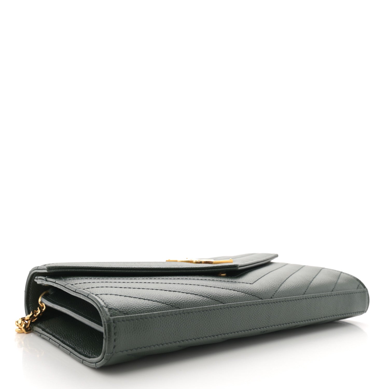 Saint Laurent Grain De Poudre Matelasse Chevron Monogram Chain Wallet Dark Green 4 of 14