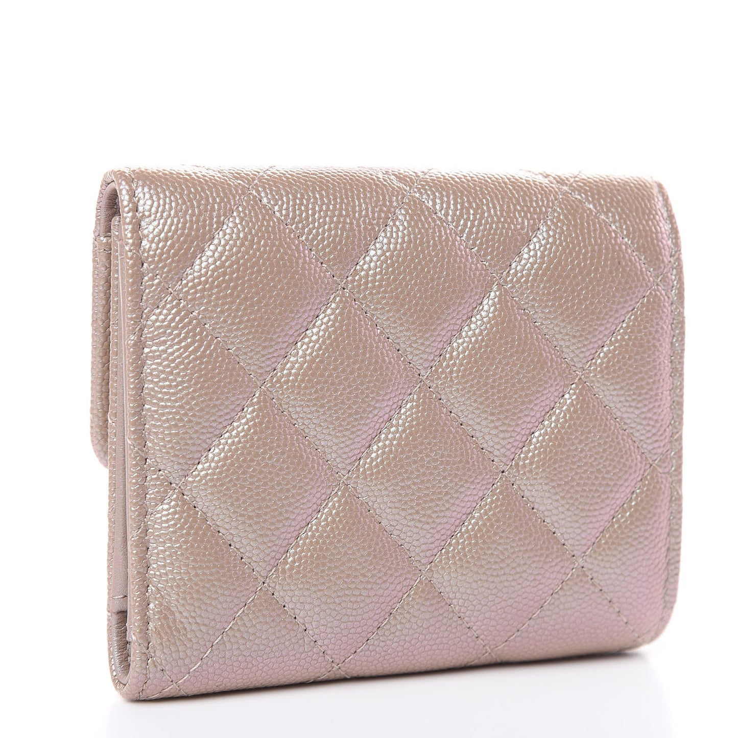 Iridescent Caviar Quilted Small Flap Wallet Beige
