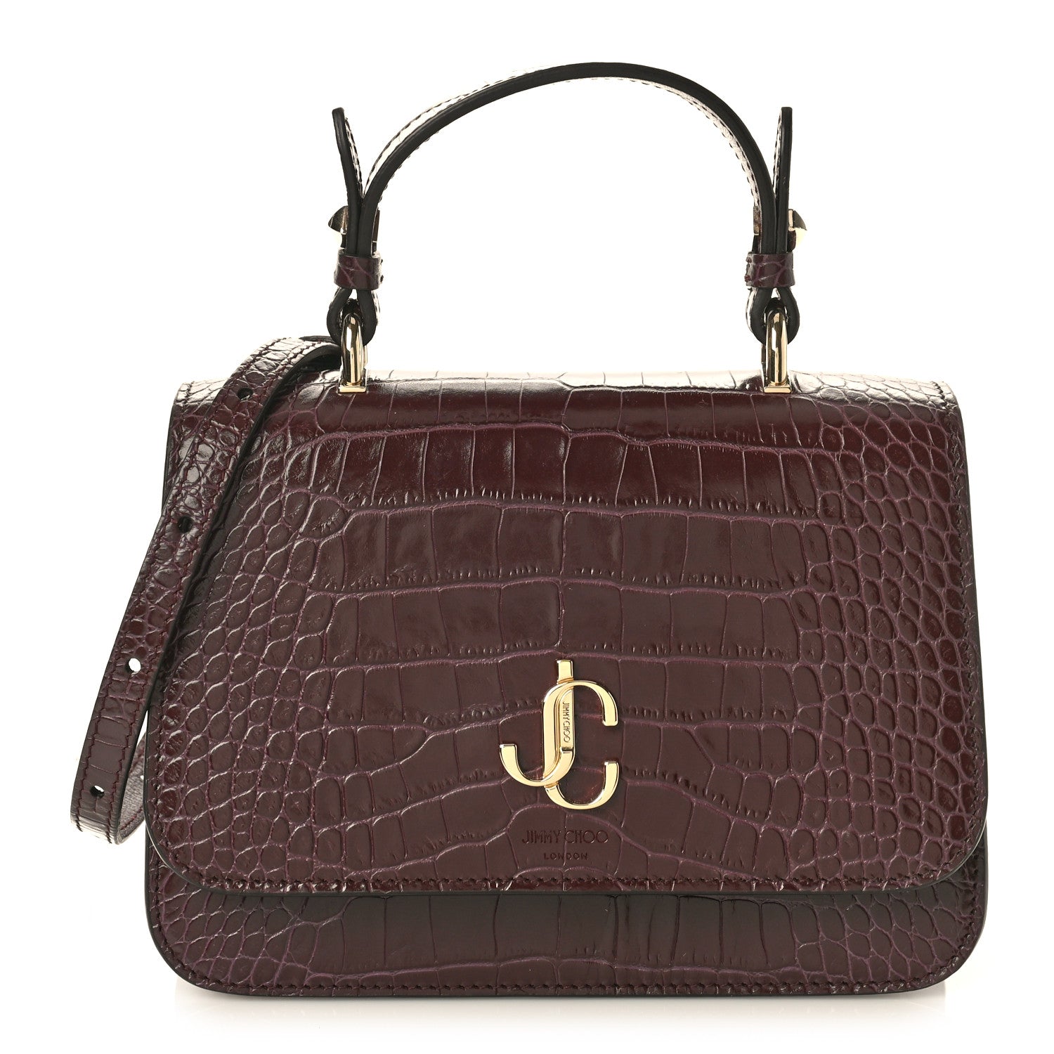 Jimmy Choo Calfskin Crocodile Embossed Medium JC Top Handle Bordeaux 1 of 8