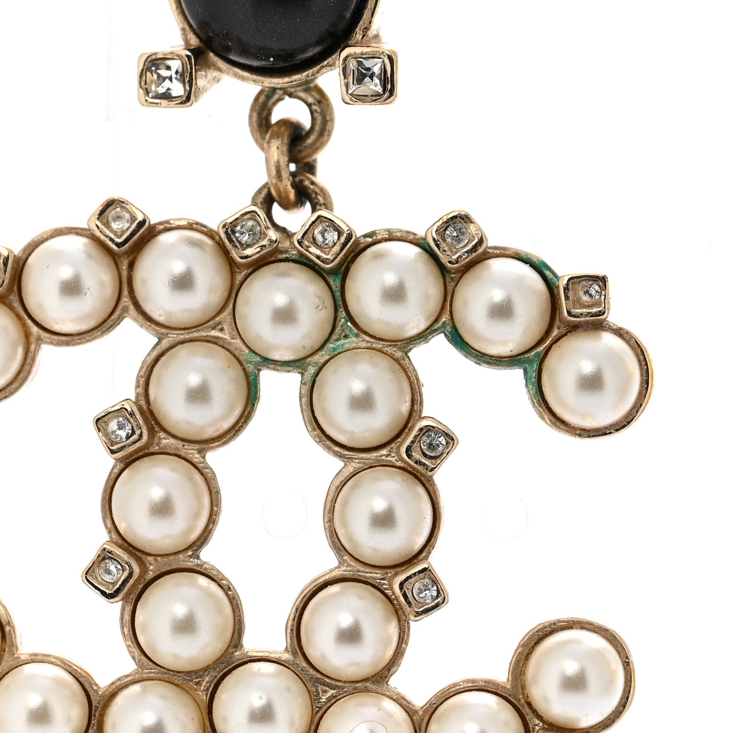 Chanel Resin Crystal Pearl CC Drop Earrings Black Gold 3 of 5