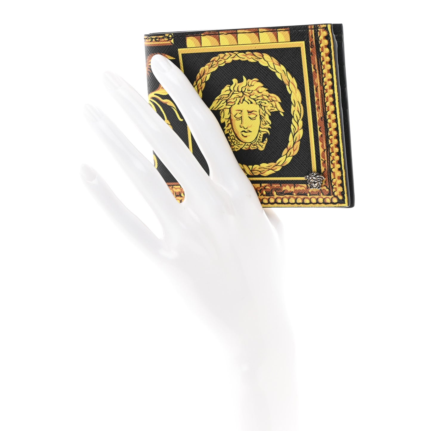 Calfskin PVC Barocco Printed Bi-Fold Wallet Black Gold