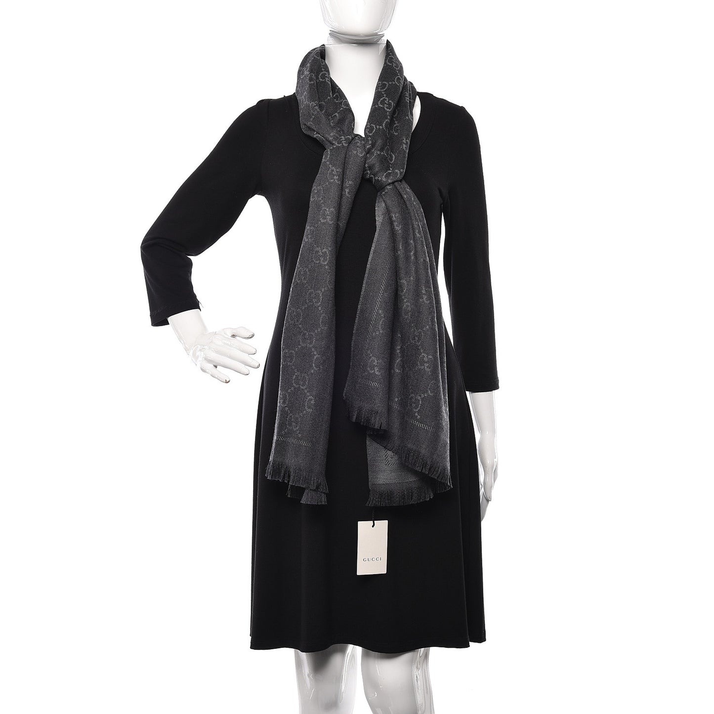 Wool Jacquard GG Monogram Sten Fringe Scarf Anthracite Black