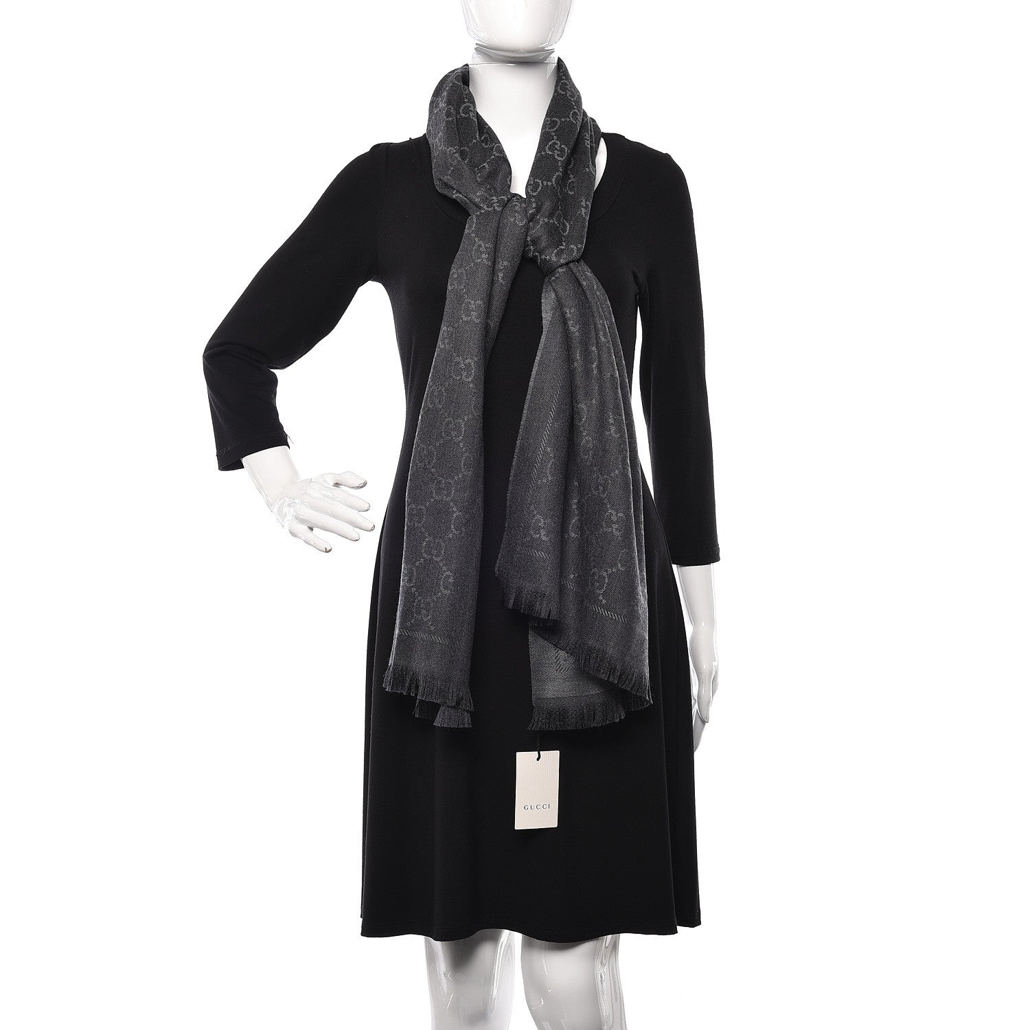 Gucci Wool Jacquard GG Monogram Sten Fringe Scarf Anthracite Black 2 of 5