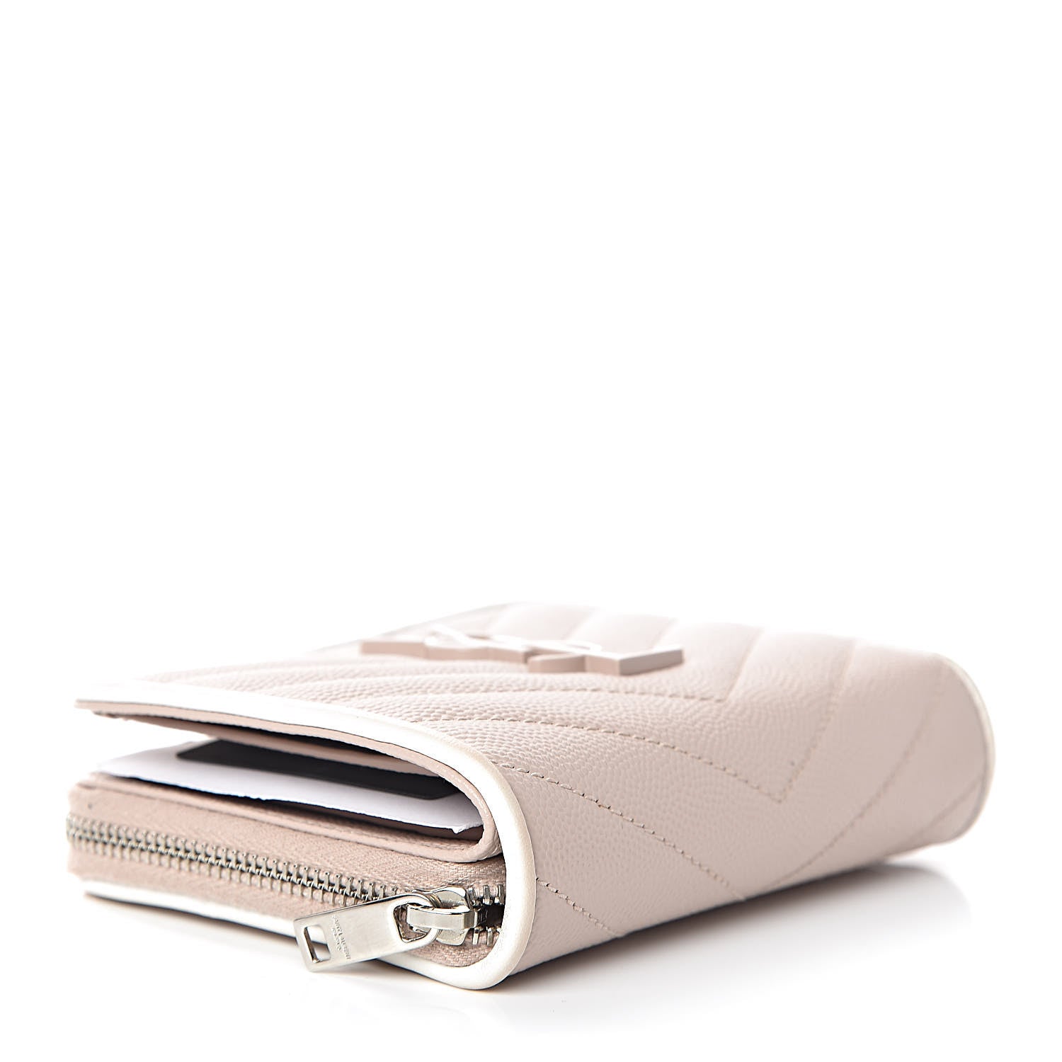 Saint Laurent Grain De Poudre Matelasse Monogram Compact Zip Around Wallet Pale Pink 4 of 11