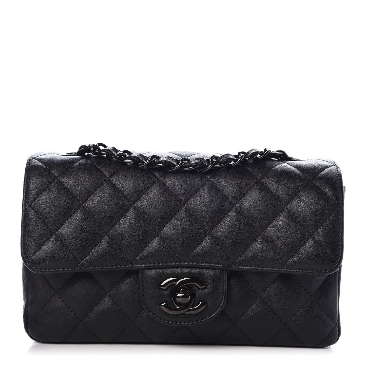 Crumpled Calfskin Quilted Mini Rectangular Flap So Black
