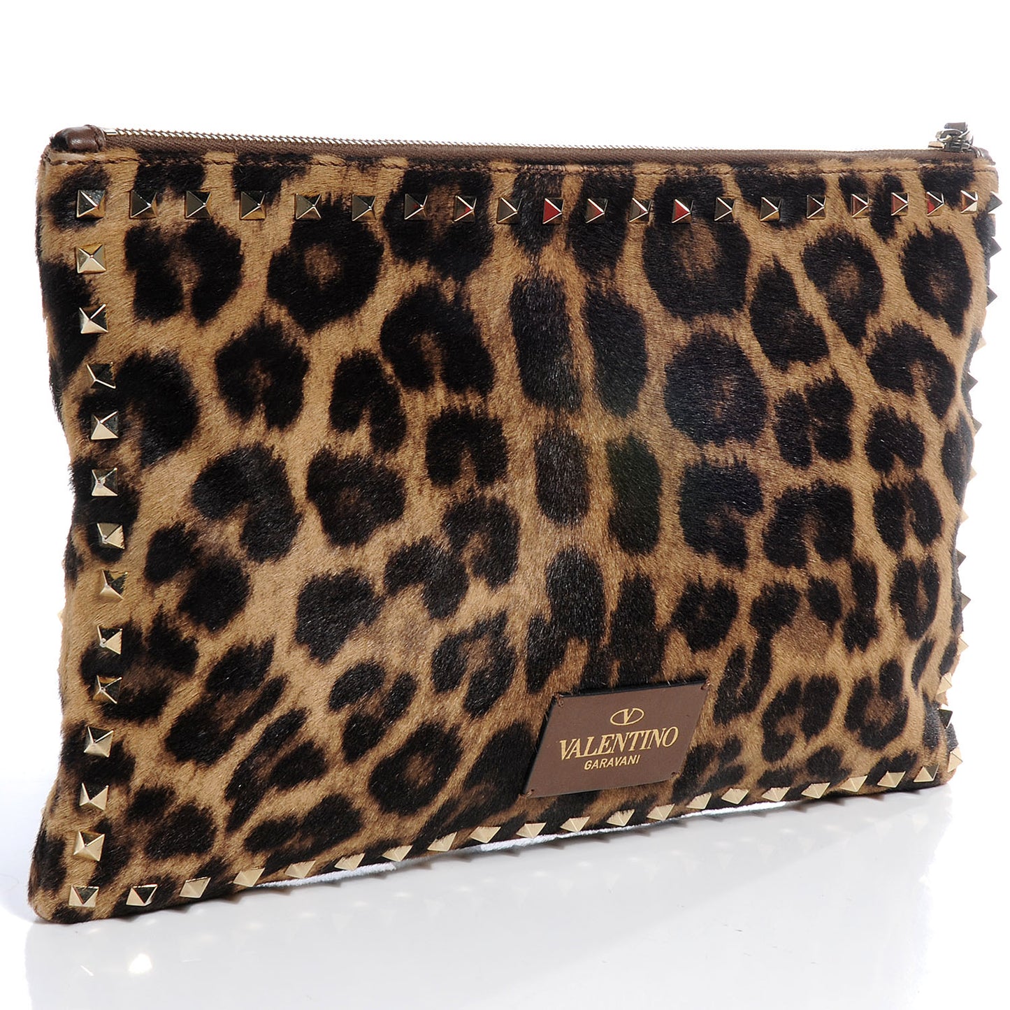 Calf Hair Leopard Print Rockstud Zip Wristlet Pouch Leopard