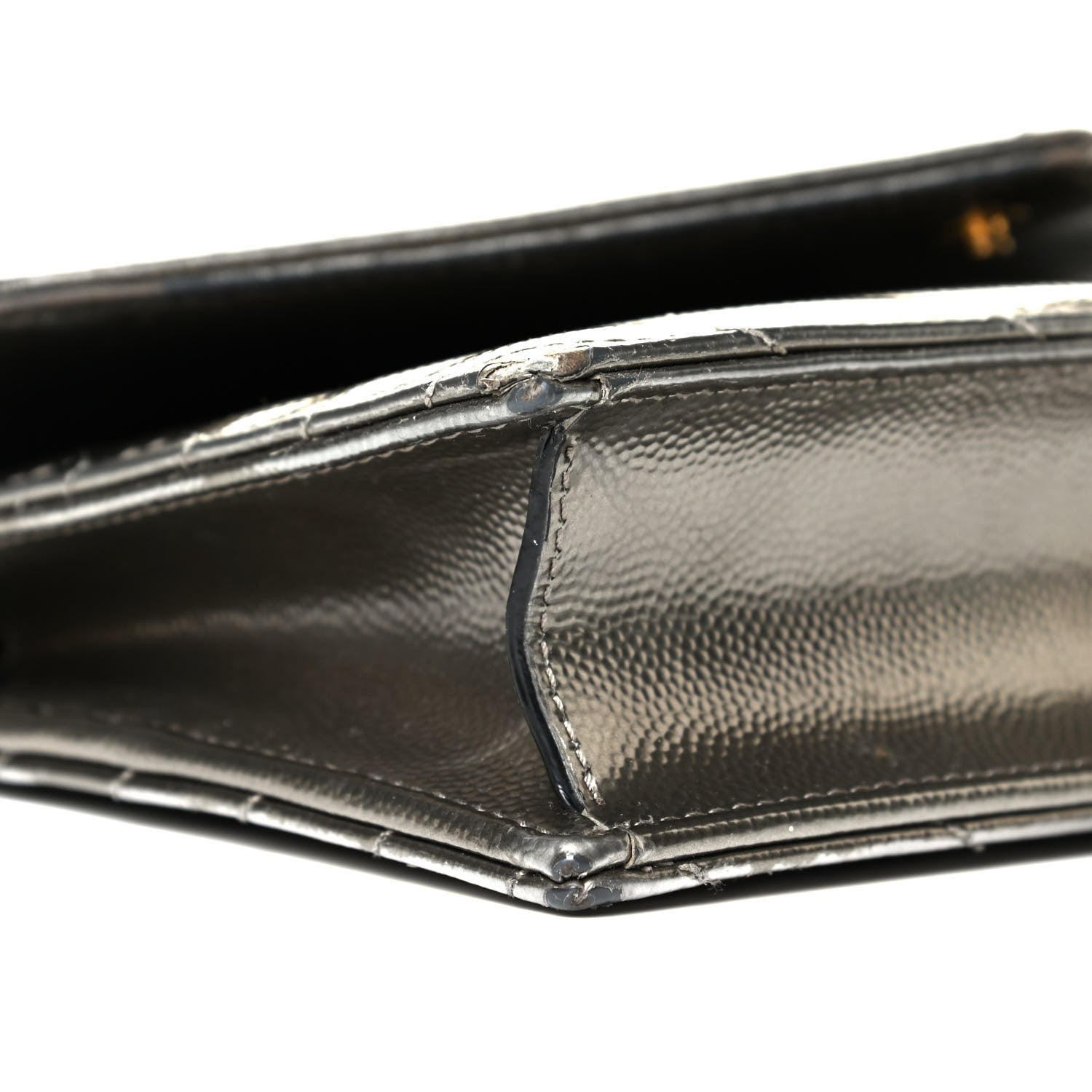 Saint Laurent Metallic Grain De Poudre Matelasse Chevron Monogram Envelope Chain Wallet Piombo Black 6 of 9