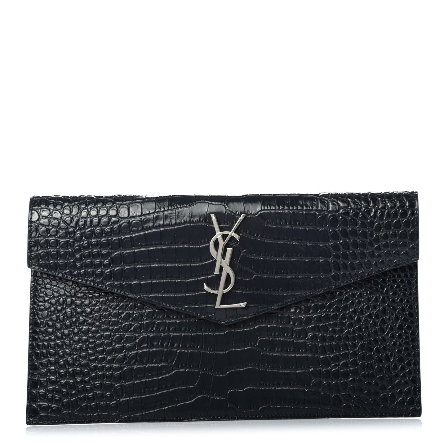 Calfskin Crocodile Embossed Uptown Monogram Clutch Deep Marine