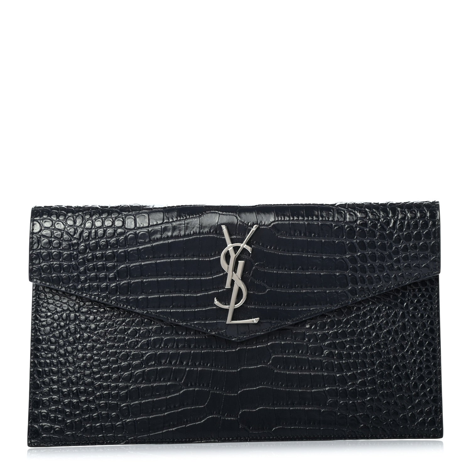 Saint Laurent Calfskin Crocodile Embossed Uptown Monogram Clutch Deep Marine 1 of 6