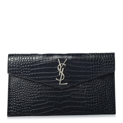 Saint Laurent Calfskin Crocodile Embossed Uptown Monogram Clutch Deep Marine 1 of 6