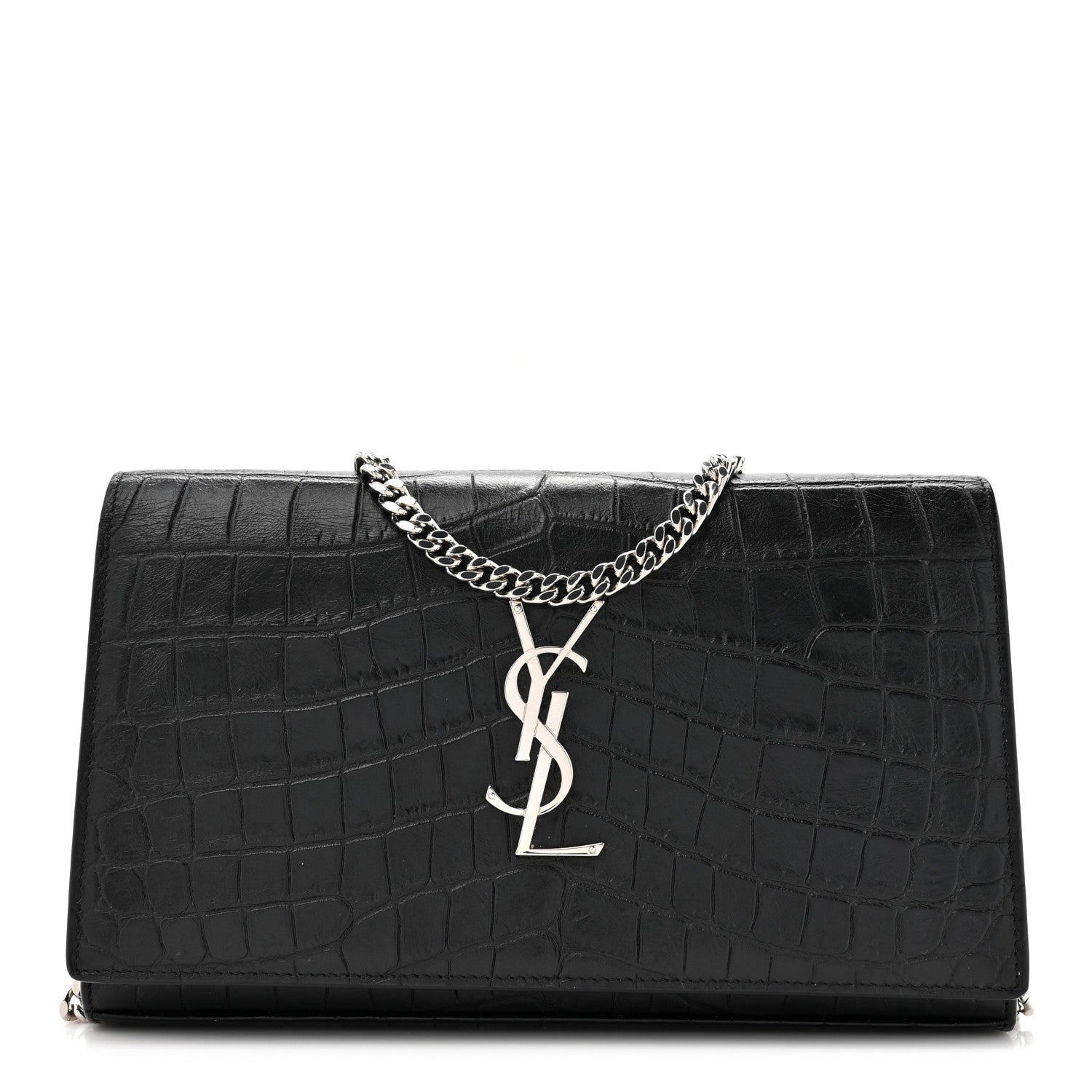 Saint Laurent Calfskin Crocodile Embossed Monogram Chain Wallet Black 1 of 9