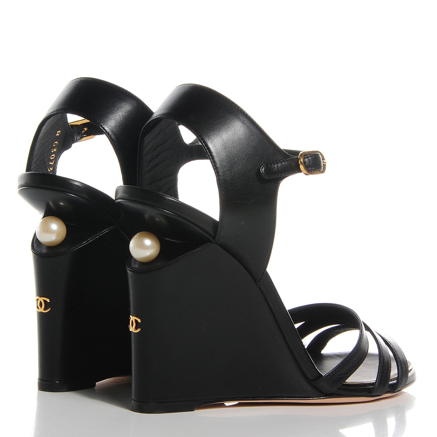 Chanel Calfskin Pearl Wedge Sandals 39 Black 4 of 8