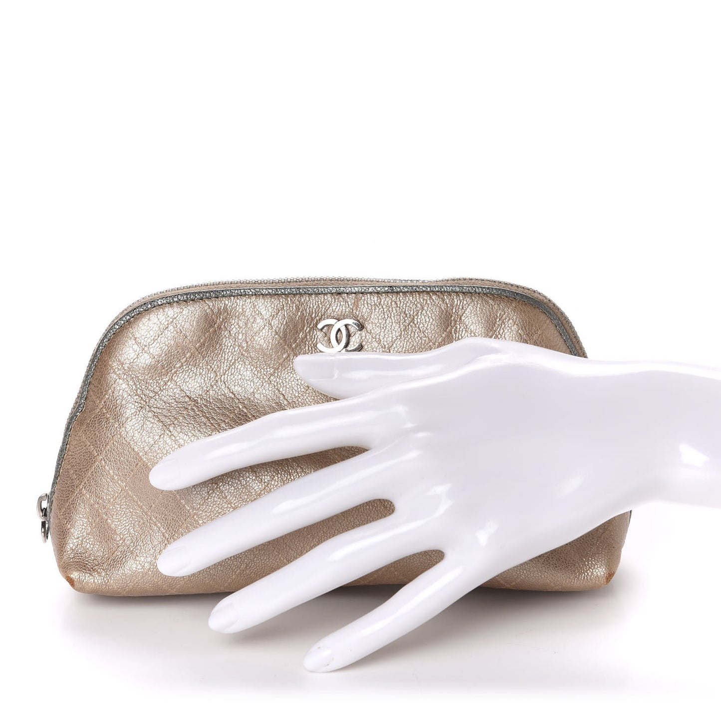 Iridescent Calfskin Embossed Cosmetic Pouch Light Gold