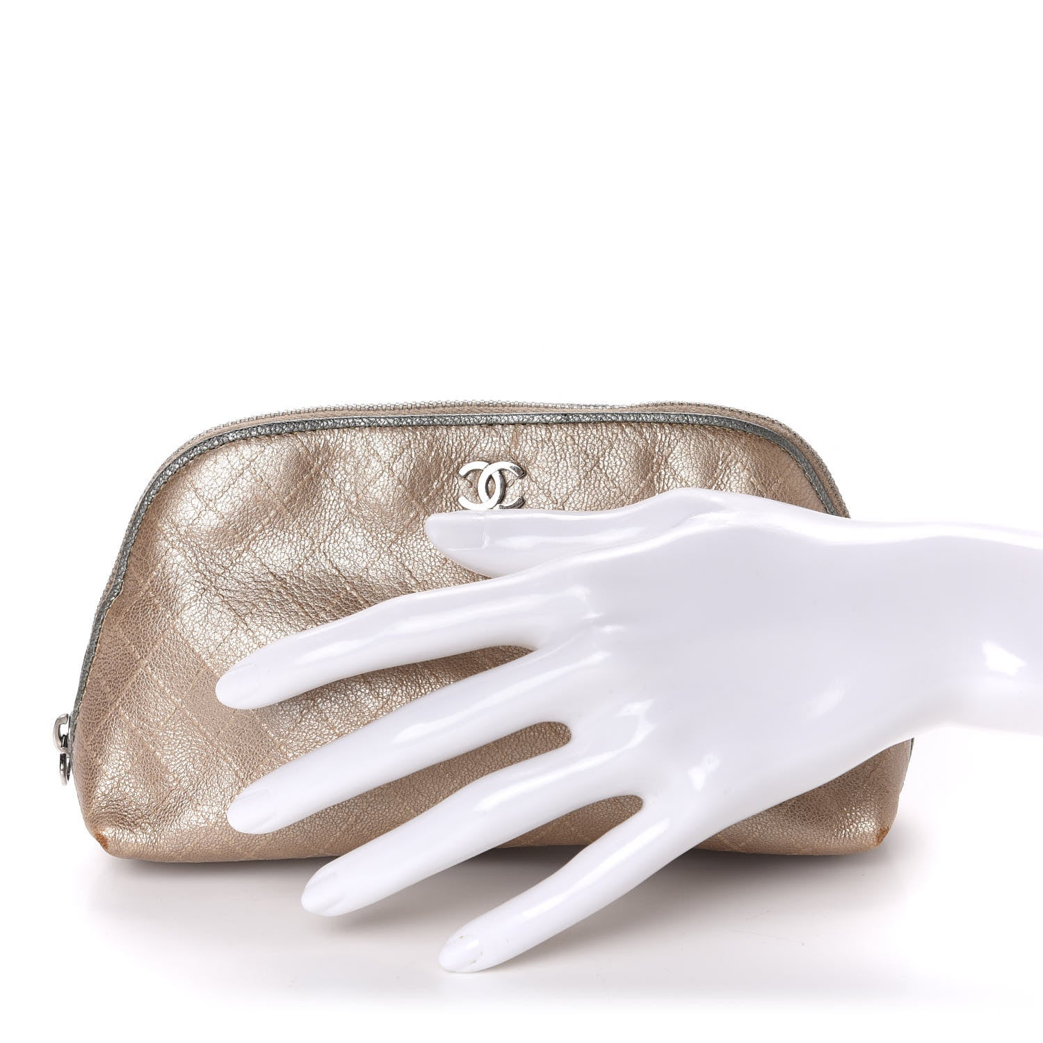 Chanel Iridescent Calfskin Embossed Cosmetic Pouch Light Gold 2 of 11
