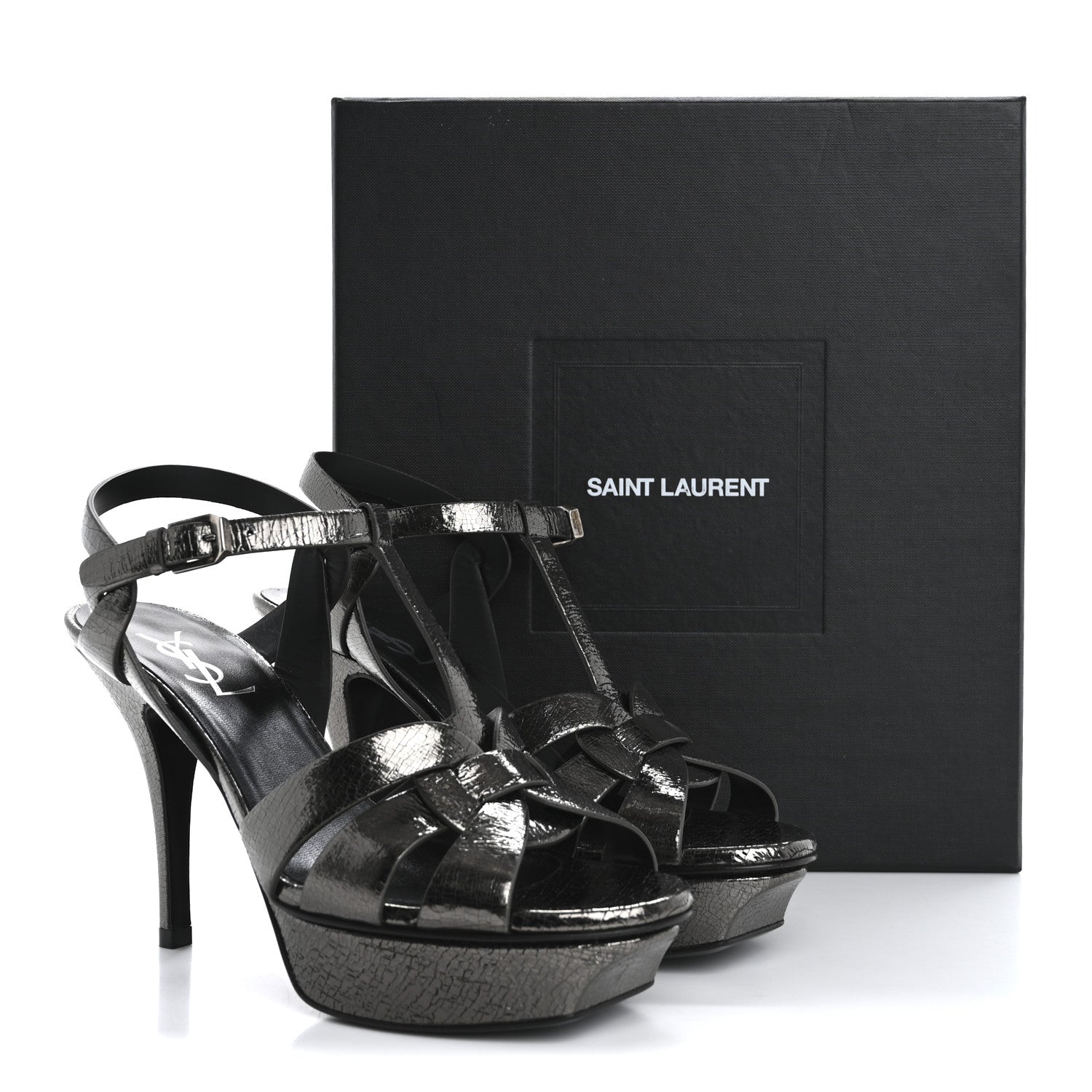 Saint Laurent Metallic Crackled Calfskin Tribute 75 Platform Sandals 38 Gunmetal 10 of 10