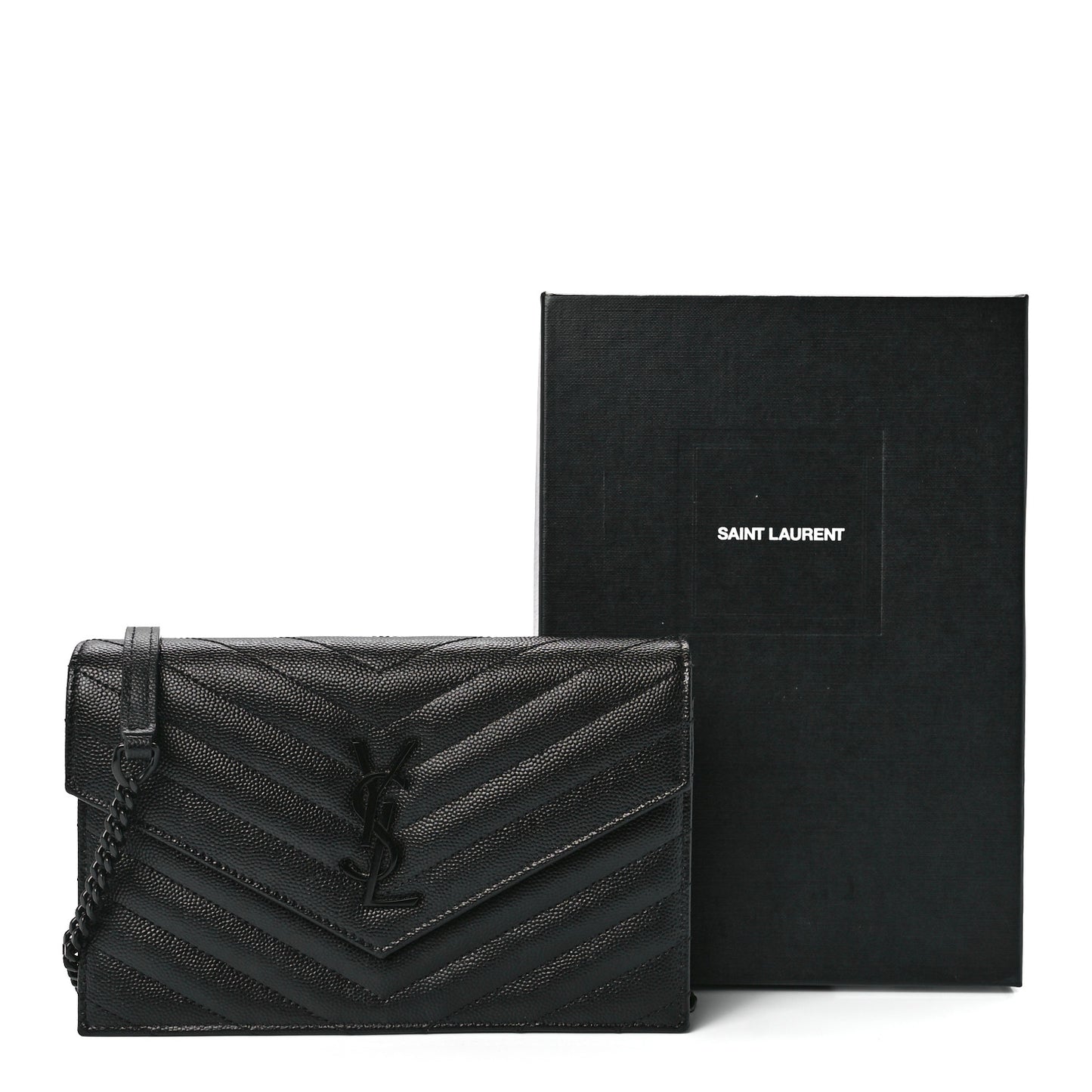 Grain De Poudre Matelasse Chevron Monogram Monochrome Envelope Chain Wallet Black