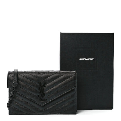 Saint Laurent Grain De Poudre Matelasse Chevron Monogram Monochrome Envelope Chain Wallet Black 12 of 12