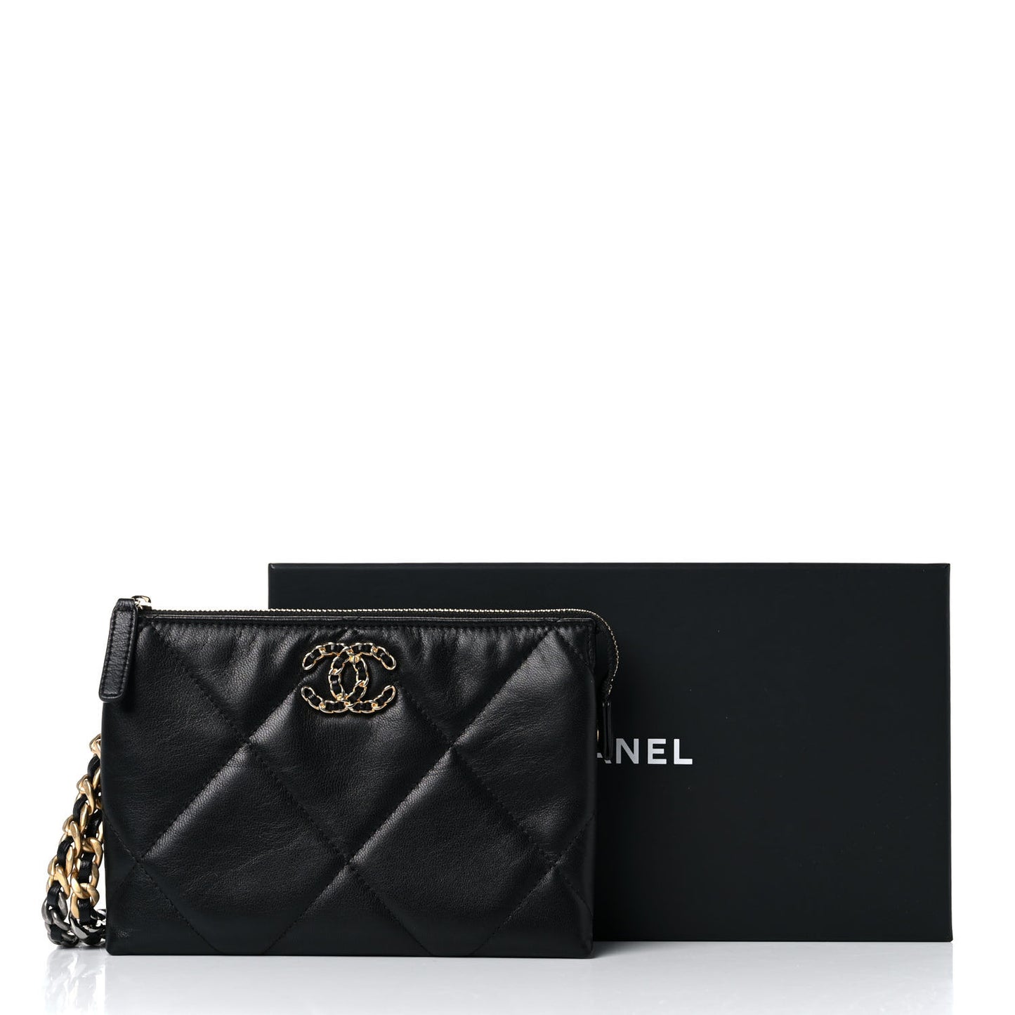 Shiny Goatskin Quilted Small Chanel 19 Pouch With Handle Black
