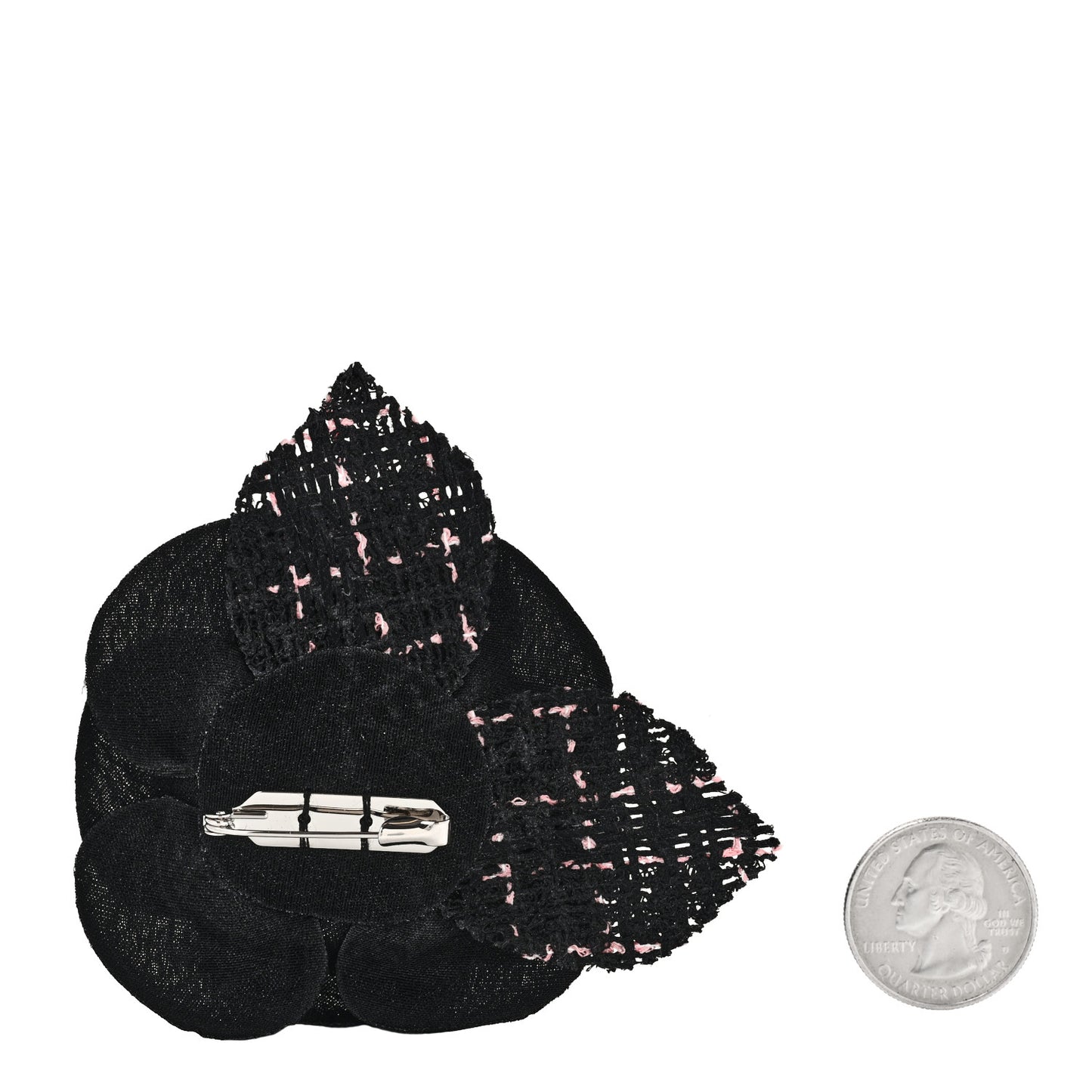 Tweed Camellia Pin Brooch Black Pink