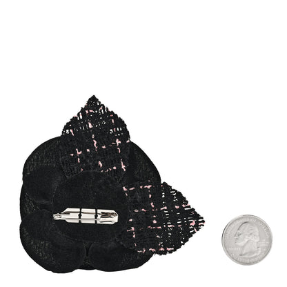 Chanel Tweed Camellia Pin Brooch Black Pink 2 of 3