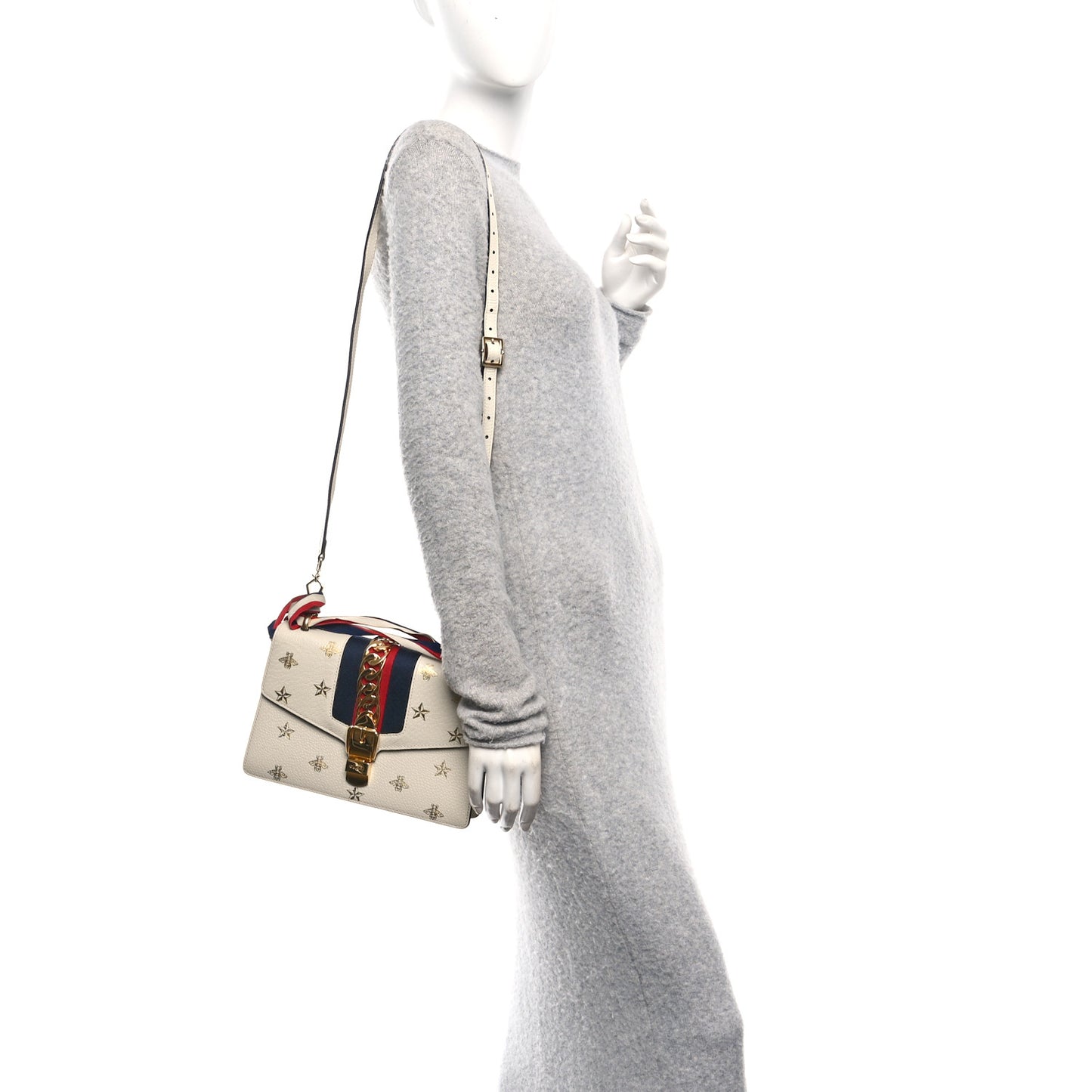 Textured Calfskin Bee Star Print Small Sylvie Shoulder Bag Mystic White