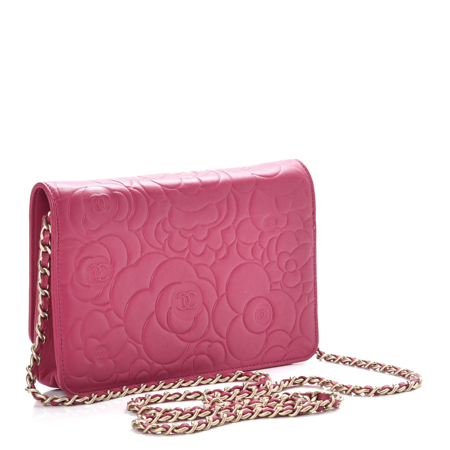 Chanel Lambskin Camellia Embossed Wallet on Chain WOC Fuchsia 3 of 9