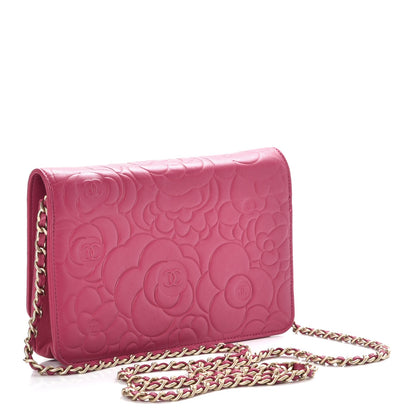 Chanel Lambskin Camellia Embossed Wallet on Chain WOC Fuchsia 3 of 9