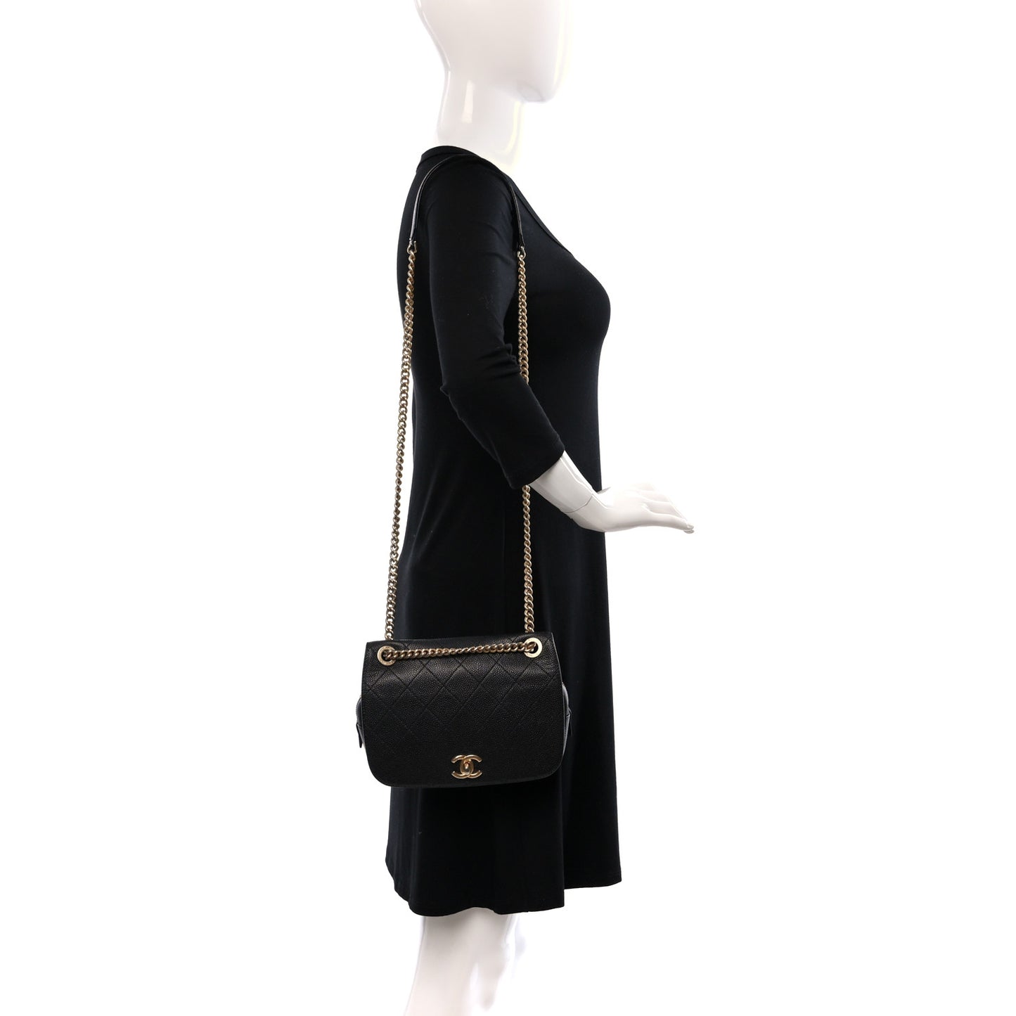 Caviar Stitched Messenger Flap Bag Black
