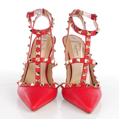 Valentino Garavani Pebbled Calfskin Rockstud Ankle Strap 100mm Pumps 37.5 Rosso Valentino 2 of 7