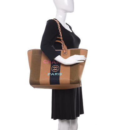 Chanel Straw Raffia Calfskin Striped Medium Deauville Tote Khaki Beige Navy Blue 2 of 10