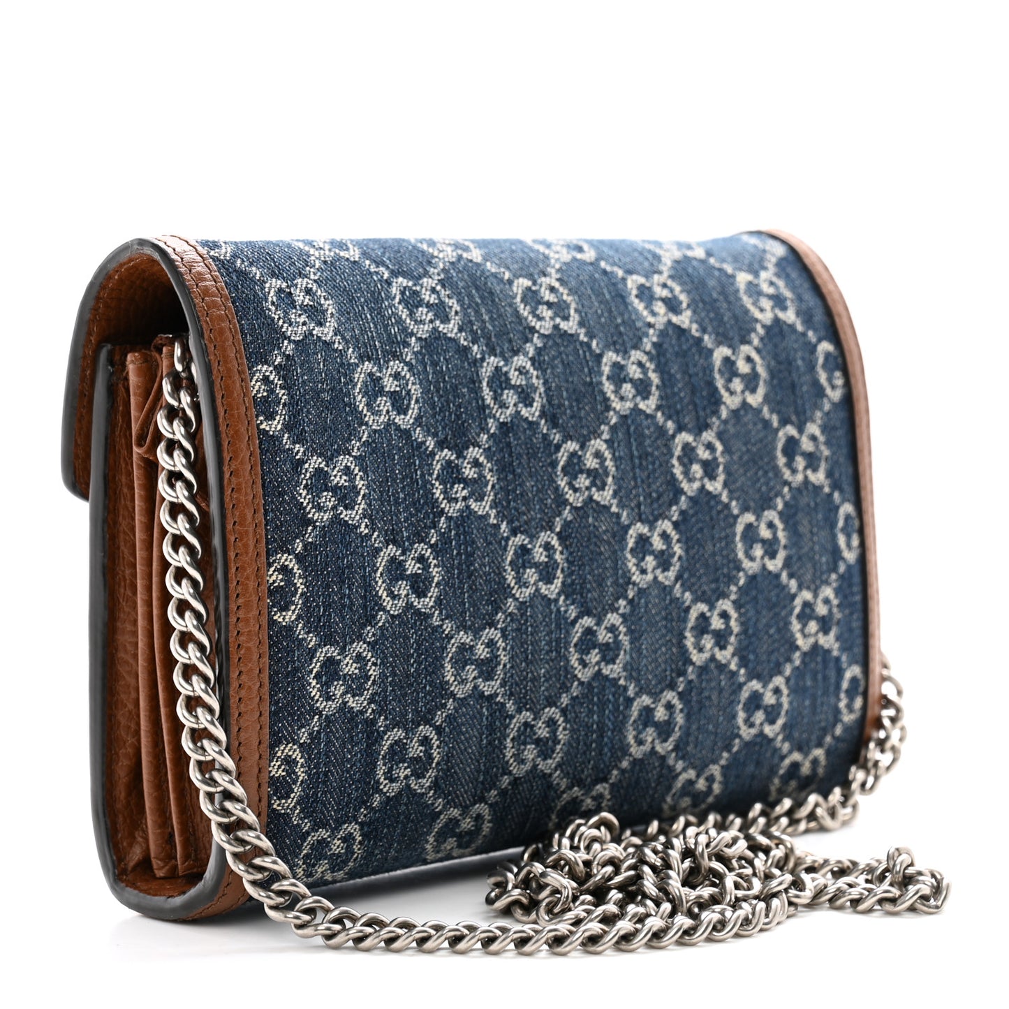 New Denim GG Monogram Dollar Calfskin Enamel Mini Dionysus Chain Wallet Blue Tea Cuir Epilog Electric Blue