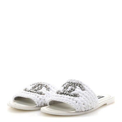 Chanel Raffia Crystal CC Mules Sandals 39 White 4 of 10