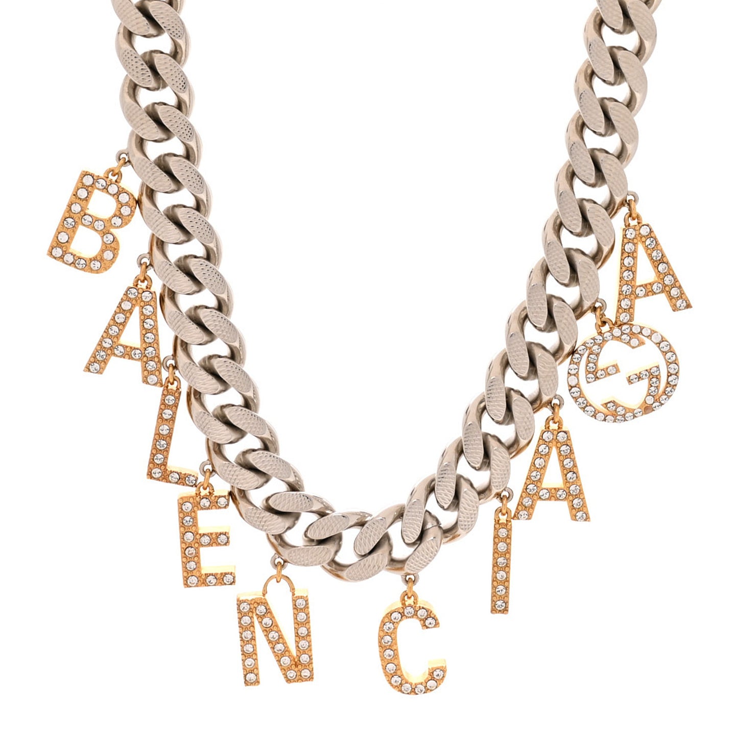 X BALENCIAGA Crystal Script Short Necklace Silver Gold