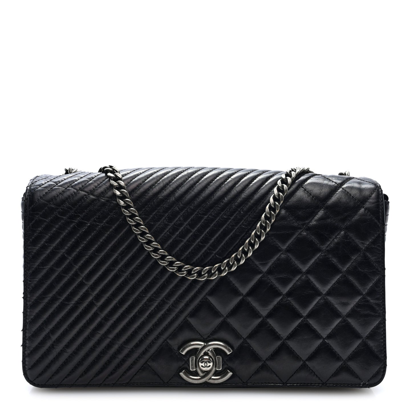 Glazed Calfskin Quilted Large Coco Boy Flap Black