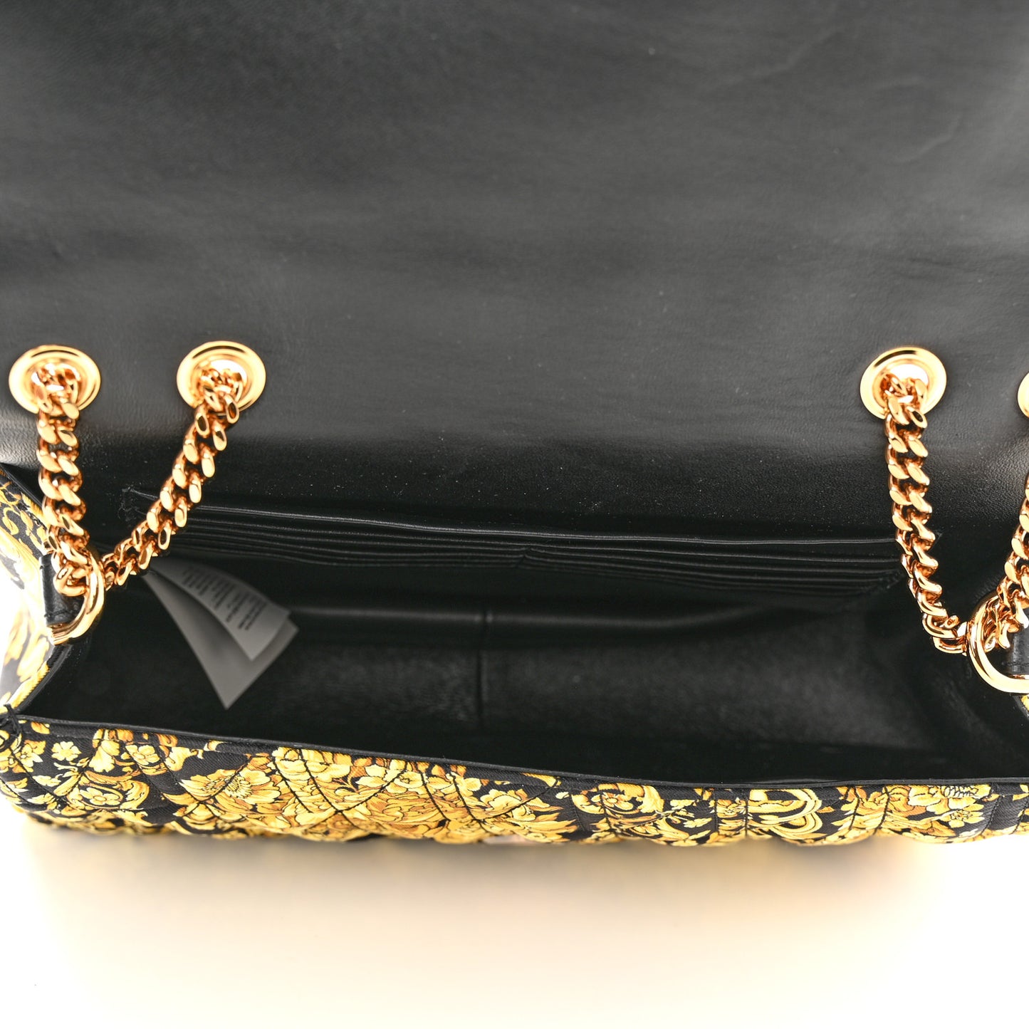 Silk Barocco Printed Quilted Virtus V Chain Flap Shoulder Bag Black Gold