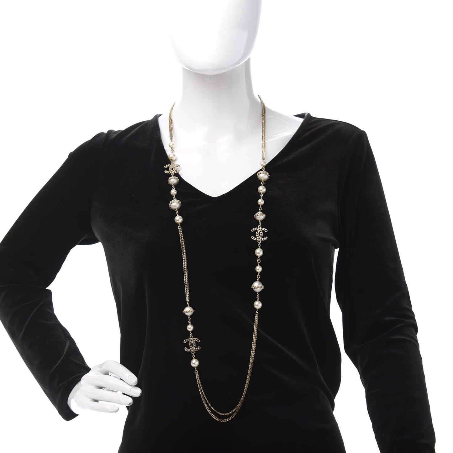 Pearl Chain CC Multi Strand Necklace Gold