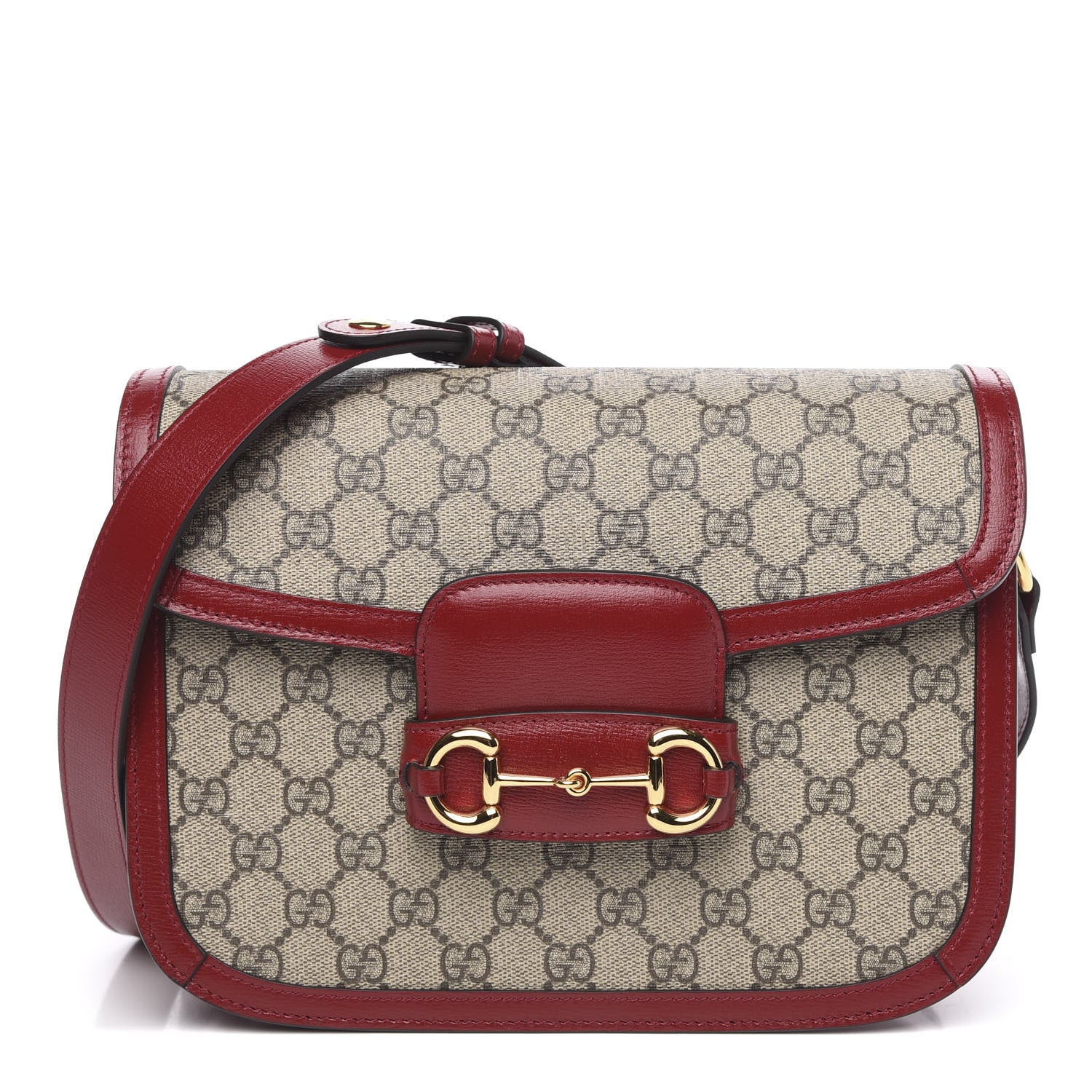 Gucci GG Supreme Monogram Azalea Calfskin Horsebit 1955 Shoulder Bag Beige Ebony New Cherry Red 1 of 10
