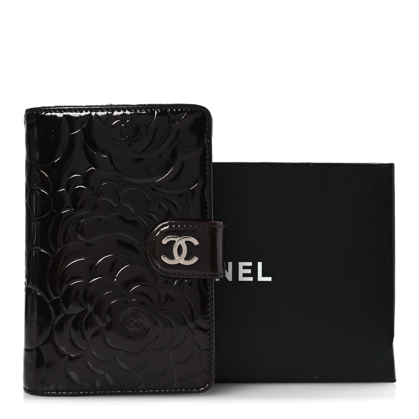 Patent Camellia Embossed Zipped Pocket Wallet Brown