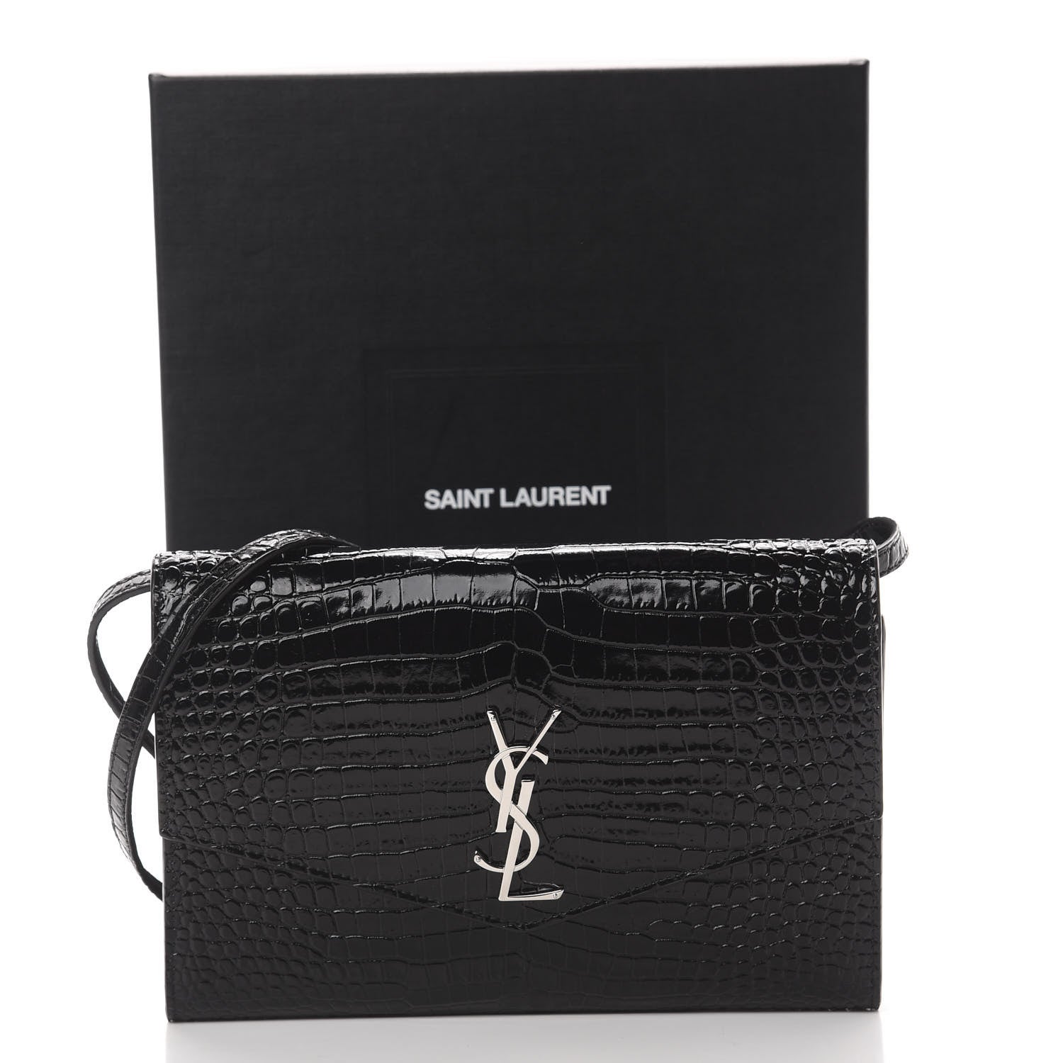 Saint Laurent Calfskin Crocodile Embossed Monogram Uptown Crossbody Black 10 of 10