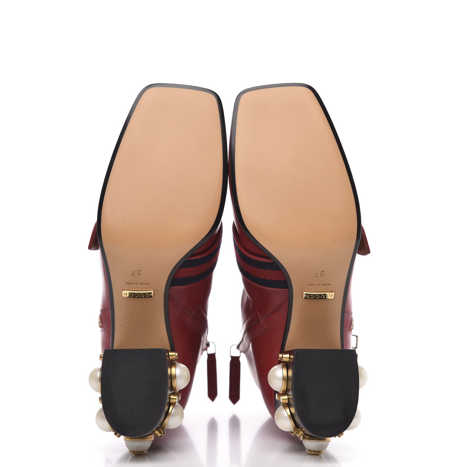 Gucci Calfskin Web Pearl Embellished Peyton Ankle Boots 37 Red 6 of 9