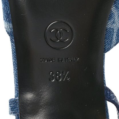 Chanel Printed Denim Cap Toe CC Slingback Pumps 38.5 Dark Blue White 7 of 9
