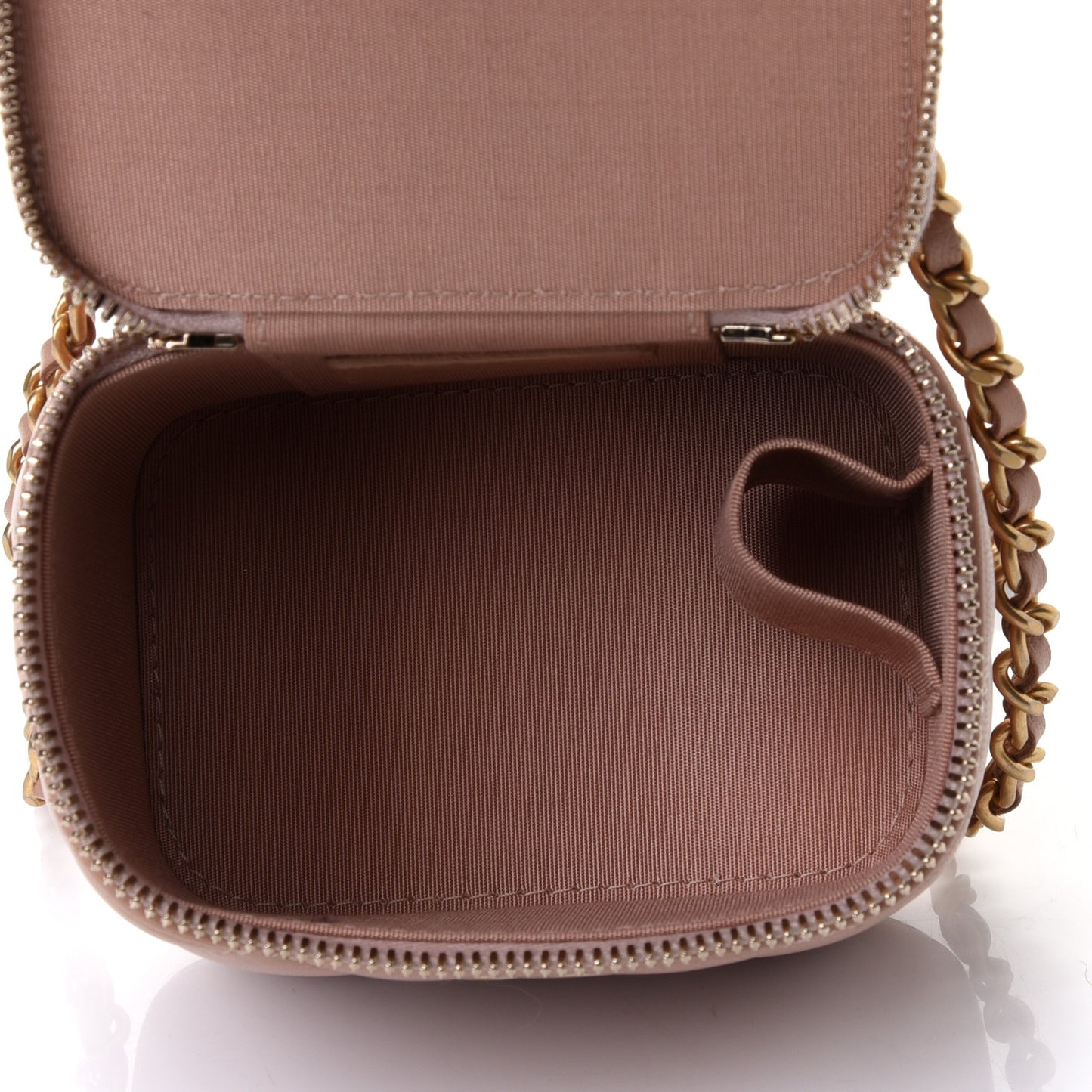 Lambskin Quilted Top Handle Mini Vanity Case With Chain Beige