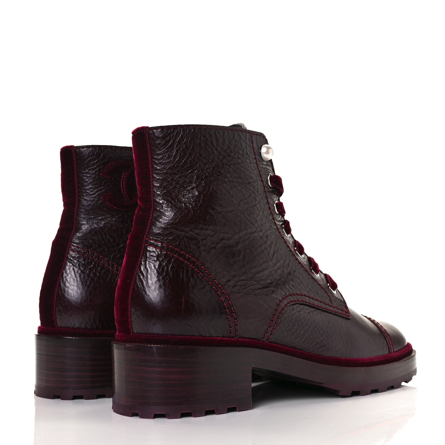 Calfskin Velvet Pearl Combat Short Boots 42 Burgundy