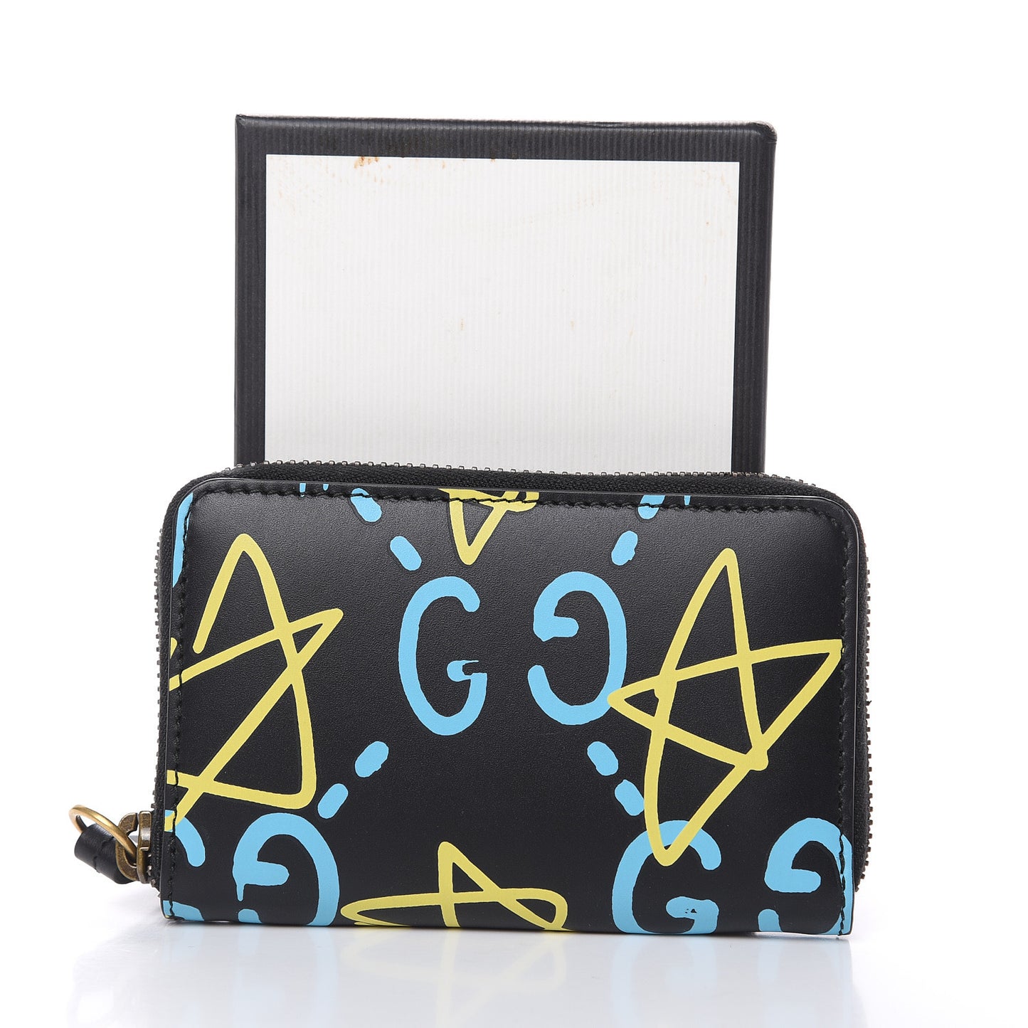 Calfskin GucciGhost Zip Around Card Case Black New Acquamarine