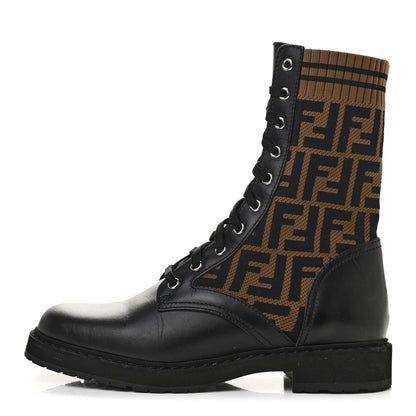 Fendi Calfskin Stretch Fabric FF Rockoko Biker Boots 39.5 Black Tobacco 1 of 10