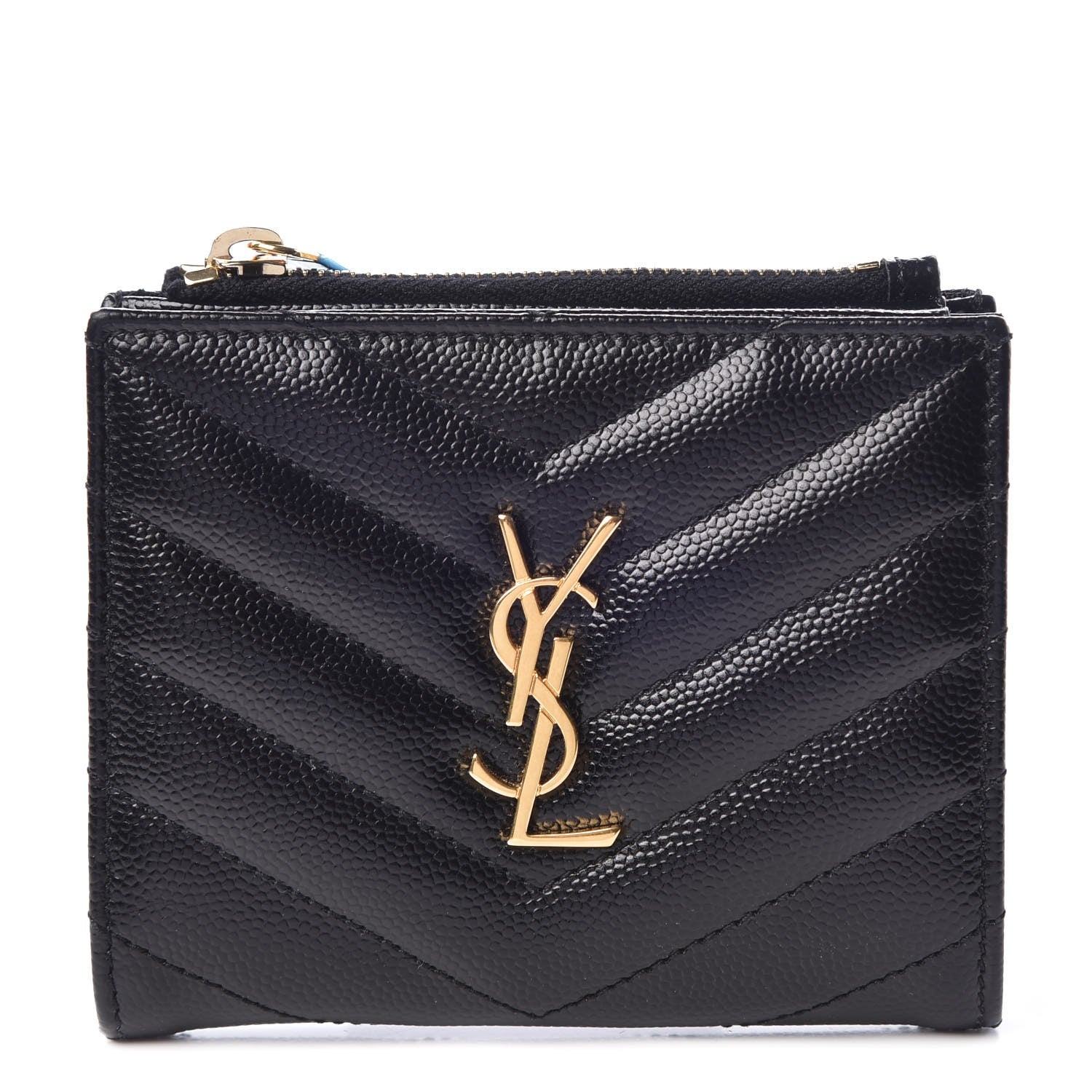 Saint Laurent Grain De Poudre Matelasse Chevron Monogram Zipped Card Case Black 1 of 8