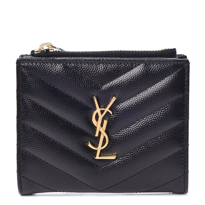 Saint Laurent Grain De Poudre Matelasse Chevron Monogram Zipped Card Case Black 1 of 8