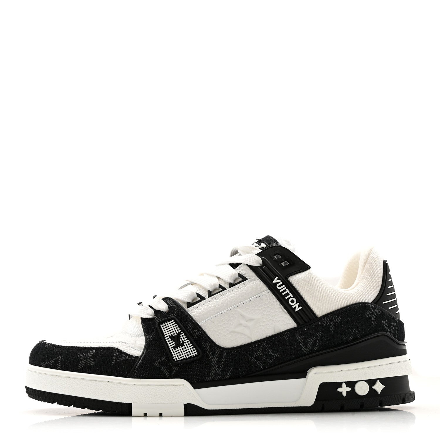 Louis Vuitton Calfskin Embossed Monogram Denim Mens LV Trainer Sneakers 8 Black 1 of 10