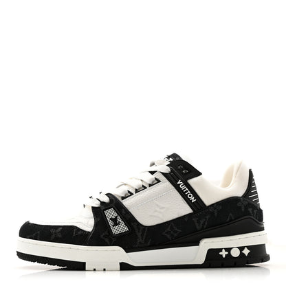 Louis Vuitton Calfskin Embossed Monogram Denim Mens LV Trainer Sneakers 8 Black 1 of 10