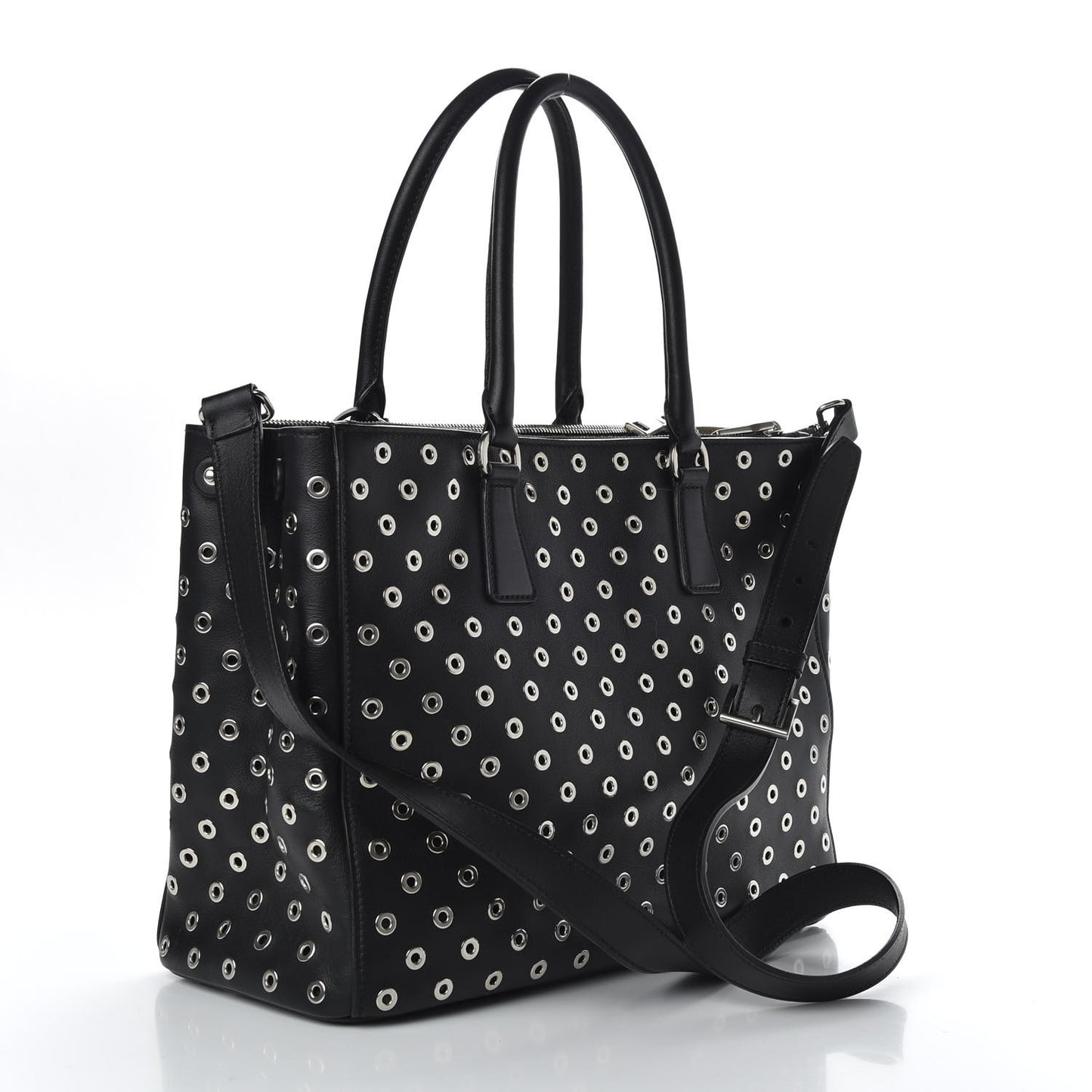 City Calf Grommet Large Double Zip Tote Black